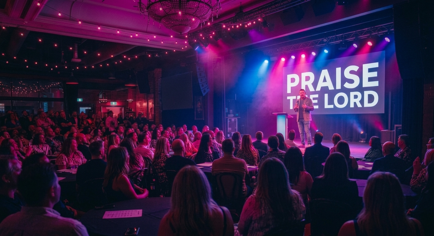 A speaker on stage addressing a full room seated at round tables, under festoon lights and pink and blue stage lighting